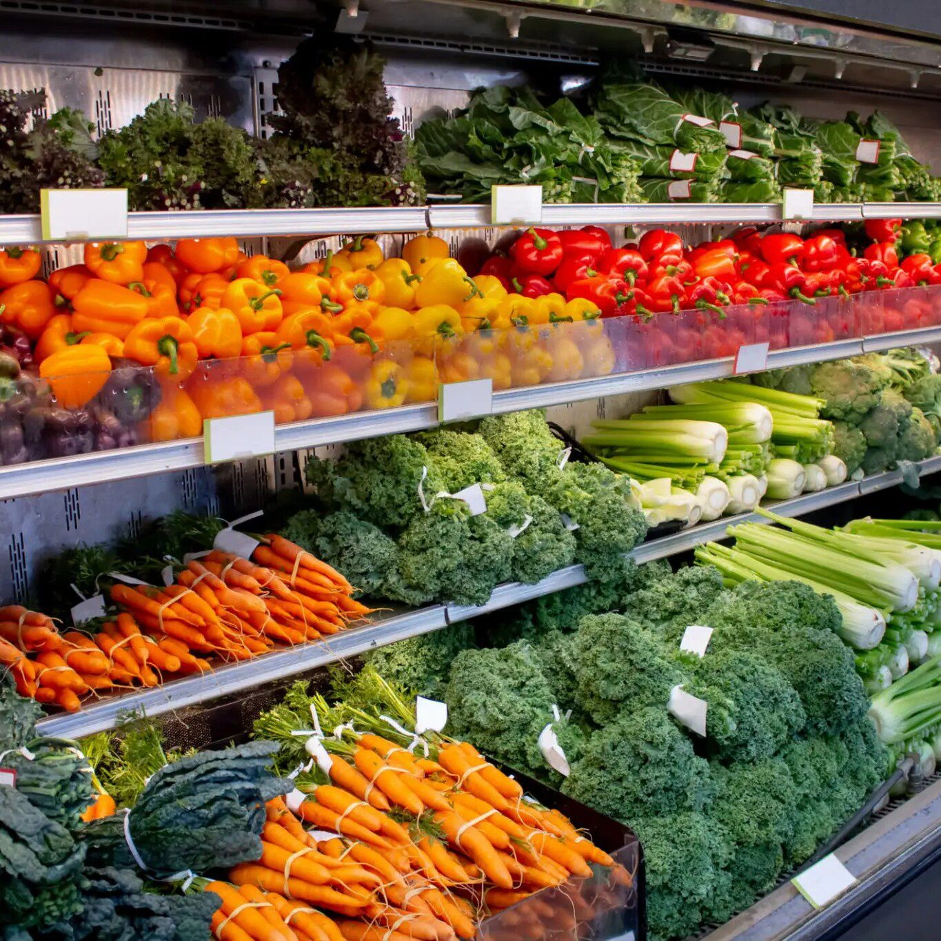 A display case filled with lots of vegetables.