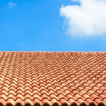 A roof with red tiles and blue sky in the background.